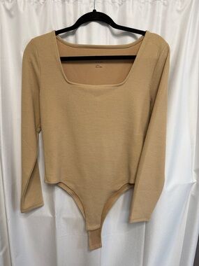 a new day Ribbed Long-Sleeve Square-Neck Bodysuit in Tan